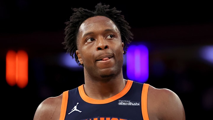 New York Knicks forward OG Anunoby (8) reacts during the third quarter of game two of the first round of the 2024 NBA Playoffs against the Detroit Pistons at Madison Square Garden on April 21, 2025. 