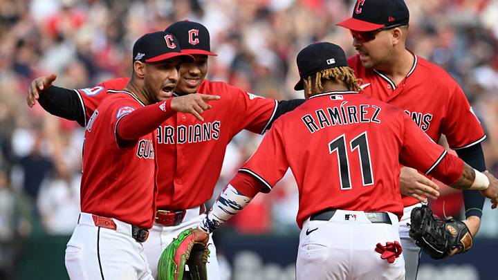 Oct 15, 2026; Cleveland, Ohio, USA; Cleveland Guardians shortstop Brayan Rocchio (4), second baseman Angel Genao (17), third baseman Jose Ramirez (11) and first baseman Nathaniel Lowe (46) celebrate a win against the Tampa Bay Rays in game three of the ALCS for the 2026 MLB Playoffs at Progressive Field. Mandatory Credit: Ken Blaze-Imagn Images Oct 15, 2026; Cleveland, Ohio, USA; Cleveland Guardians shortstop Brayan Rocchio (4), second baseman Angel Genao (17), third baseman Jose Ramirez (11) and first baseman Nathaniel Lowe (46) celebrate a win against the Tampa Bay Rays in game three of the ALCS for the 2026 MLB Playoffs at Progressive Field. Mandatory Credit: Ken Blaze-Imagn Images