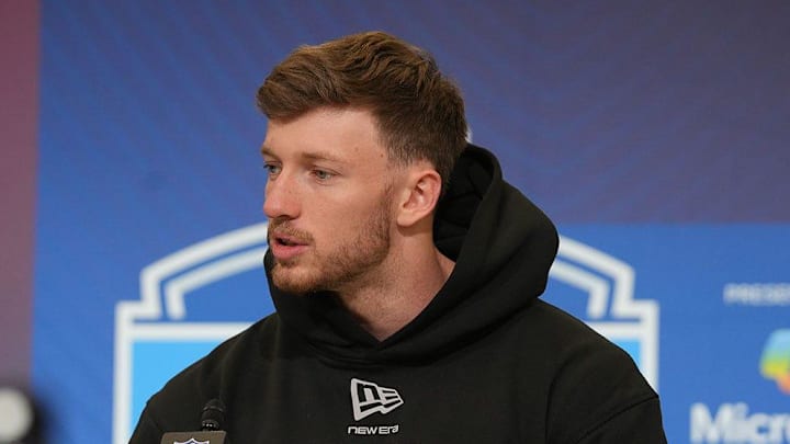 Dillon Thieneman meets with the media at the 2026 NFL Combine. Dillon Thieneman meets with the media at the 2026 NFL Combine.