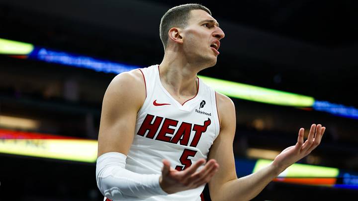 Miami Heat forward Nikola Jovic (5) reacts (Mandatory Credit: Sergio Estrada-Imagn Images)