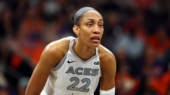 Oct 8, 2025; Phoenix, Arizona, USA; Las Vegas Aces center A'ja Wilson (22) against the Phoenix Mercury during game three of the 2025 WNBA Finals at PHX Arena. Mandatory Credit: Mark J. Rebilas-Imagn Images Oct 8, 2025; Phoenix, Arizona, USA; Las Vegas Aces center A'ja Wilson (22) against the Phoenix Mercury during game three of the 2025 WNBA Finals at PHX Arena. Mandatory Credit: Mark J. Rebilas-Imagn Images