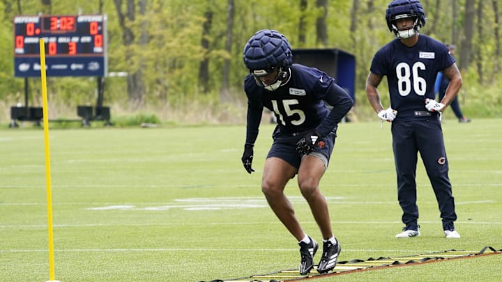 Rome Odunze runs through an agility drill at last year's Chicago Bears rookie minicamp.