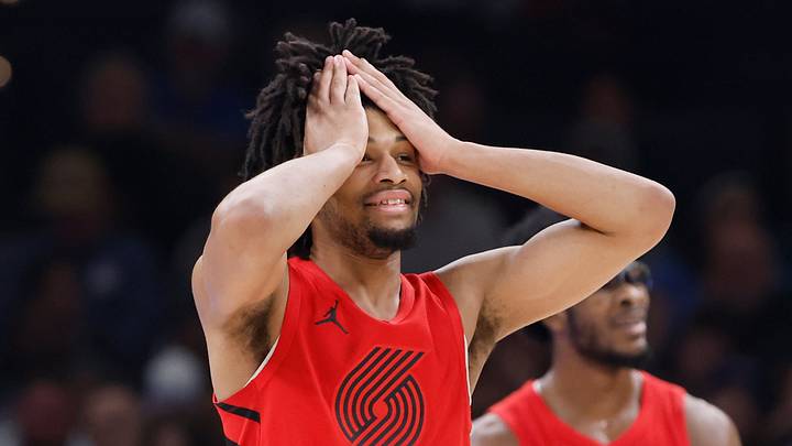 Jan 11, 2024; Oklahoma City, Oklahoma, USA; Portland Trail Blazers guard Shaedon Sharpe (17) reacts after a play against the Oklahoma City Thunder during the second quarter at Paycom Center. Mandatory Credit: Alonzo Adams-USA TODAY Sports