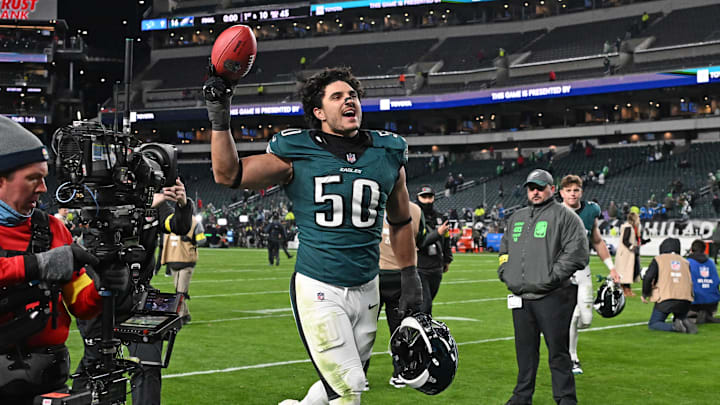 Philadelphia Eagles linebacker Jaelan Phillips (50) runs off the field after win