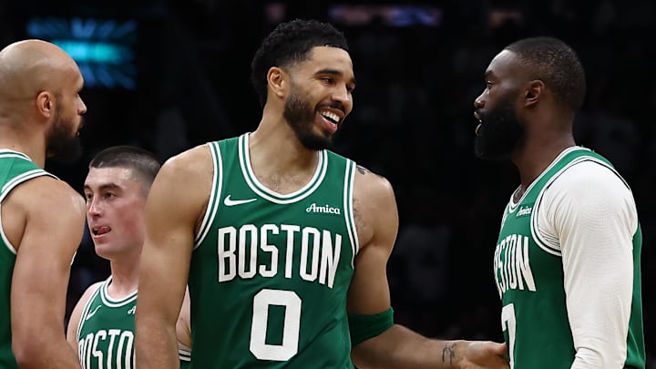 Mar 6, 2026; Boston, Massachusetts, USA; Boston Celtics forward Jayson Tatum (0) has a laugh with guard Jaylen Brown (7) during the second half against the Dallas Mavericks at TD Garden. Mandatory Credit: Winslow Townson-Imagn Images