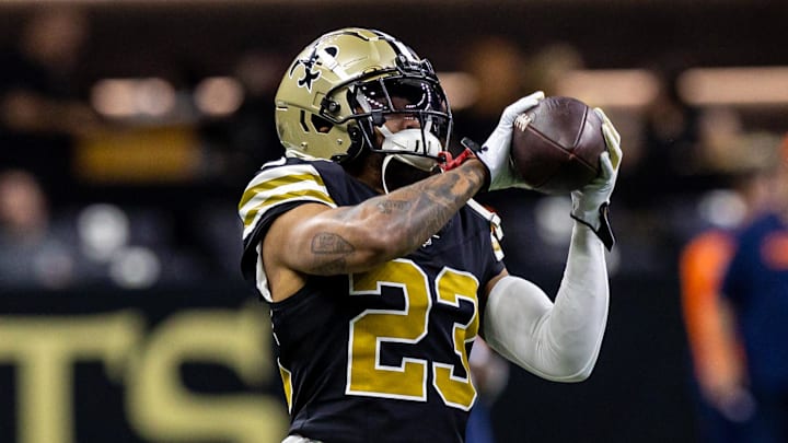 Oct 17, 2024; New Orleans, Louisiana, USA; New Orleans Saints cornerback Marshon Lattimore (23) during the warmups before the game against the Denver Broncos at Caesars Superdome. Mandatory Credit: Stephen Lew-Imagn Images Oct 17, 2024; New Orleans, Louisiana, USA; New Orleans Saints cornerback Marshon Lattimore (23) during the warmups before the game against the Denver Broncos at Caesars Superdome. Mandatory Credit: Stephen Lew-Imagn Images