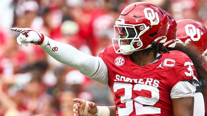 Sep 20, 2025; Norman, Oklahoma, USA;  Oklahoma Sooners defensive lineman R Mason Thomas (32) reacts after recording a sack during the third quarter against the Auburn Tigers at Gaylord Family-Oklahoma Memorial Stadium. Mandatory Credit: Kevin Jairaj-Imagn Images
