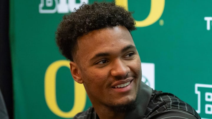 Oregon tight end Kenyon Sadiq talks with reporters during Oregon football’s Media Day on July 28, 2025, at Autzen Stadium in Eugene.