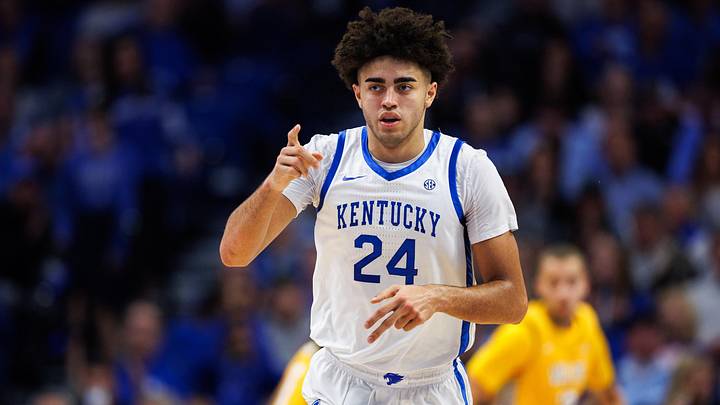 Nov 7, 2025; Lexington, Kentucky, USA; Kentucky Wildcats center Malachi Moreno (24) celebrates after making a basket during the first half against the Valparaiso Beacons at Rupp Arena at Central Bank Center. Mandatory Credit: Jordan Prather-Imagn Images