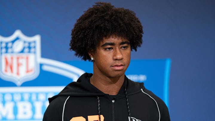 Feb 27, 2026; Indianapolis, IN, USA; Southern California wideout Ja'Kobi Lane (WO27) speaks to members of the media during the NFL Combine at the Indiana Convention Center.