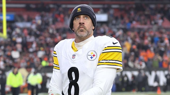 Dec 28, 2025; Cleveland, Ohio, USA; Pittsburgh Steelers quarterback Aaron Rodgers (8) looks on after the game against the Cleveland Browns at Huntington Bank Field. Mandatory Credit: Scott Galvin-Imagn Images
