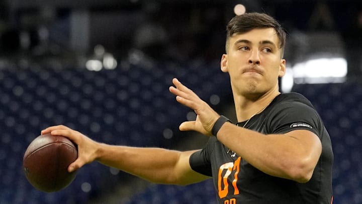  UConn quarterback Joe Fagnano (QB07) during the NFL Scouting Combine at Lucas Oil Stadium.