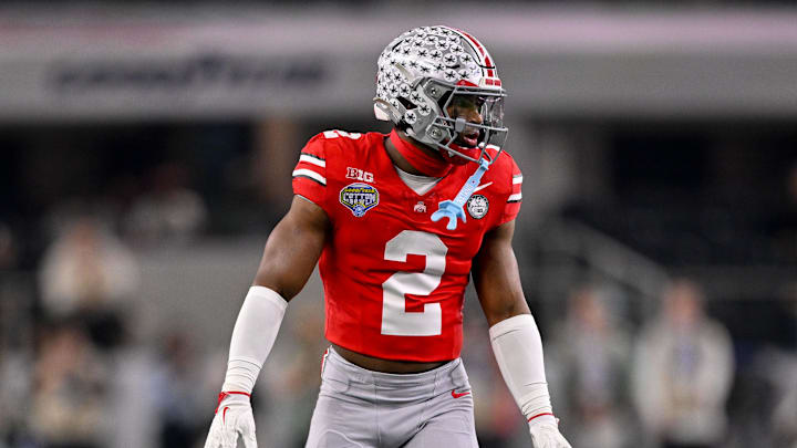 Dec 31, 2025; Arlington, TX, USA; Ohio State Buckeyes safety Caleb Downs (2) gets into position during the 2025 Cotton Bowl and quarterfinal game of the College Football Playoff at AT&T Stadium. Mandatory Credit: Jerome Miron-Imagn Images Dec 31, 2025; Arlington, TX, USA; Ohio State Buckeyes safety Caleb Downs (2) gets into position during the 2025 Cotton Bowl and quarterfinal game of the College Football Playoff at AT&T Stadium. Mandatory Credit: Jerome Miron-Imagn Images