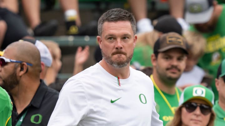 Oregon head coach Dan Lanning walks the field as the Oregon Ducks host the Oklahoma State Cowboys on Sept. 6, 2025, at Autzen Stadium in Eugene, Oregon. Oregon head coach Dan Lanning walks the field as the Oregon Ducks host the Oklahoma State Cowboys on Sept. 6, 2025, at Autzen Stadium in Eugene, Oregon.