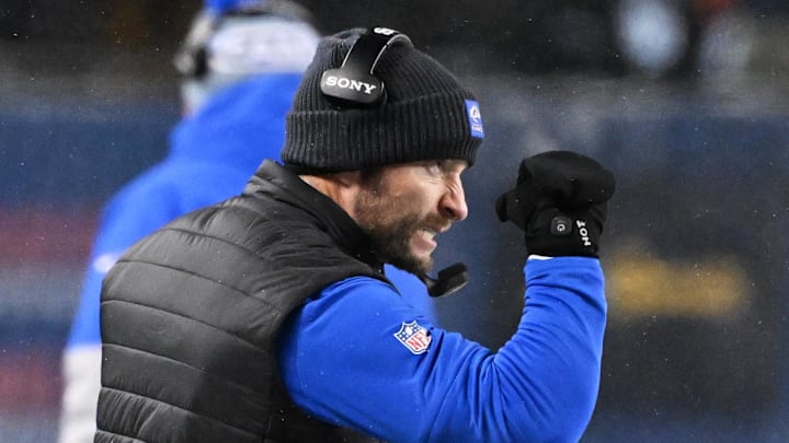 Jan 18, 2026; Chicago, IL, USA; Los Angeles Rams head coach Sean McVay reacts after a defensive stop against the Chicago Bears during the fourth quarter of an NFC Divisional Round game at Soldier Field. Mandatory Credit: Matt Marton-Imagn Images
