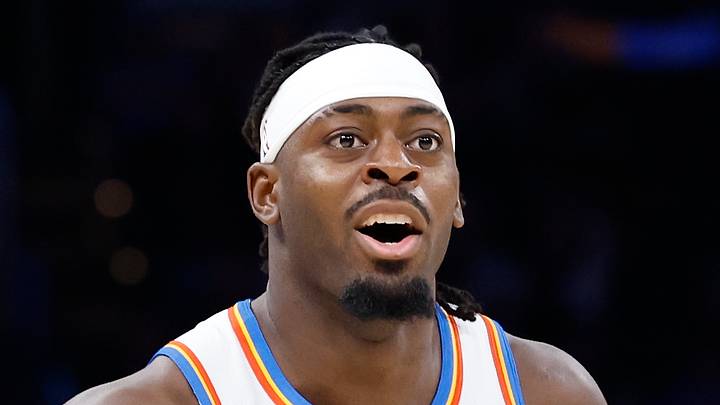 Oklahoma City Thunder guard Luguentz Dort (5) reacts against the San Antonio Spurs at Paycom Center on October 30, 2024. Oklahoma City Thunder guard Luguentz Dort (5) reacts against the San Antonio Spurs at Paycom Center on October 30, 2024.
