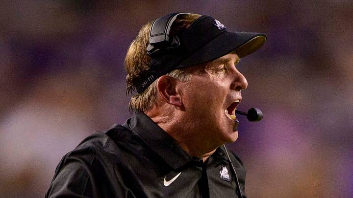 Sep 4, 2021; Fort Worth, Texas, USA; TCU Horned Frogs head coach Gary Patterson during the game between the TCU Horned Frogs and the Duquesne Dukes at Amon G. Carter Stadium. Mandatory Credit: Jerome Miron-USA TODAY Sports Sep 4, 2021; Fort Worth, Texas, USA; TCU Horned Frogs head coach Gary Patterson during the game between the TCU Horned Frogs and the Duquesne Dukes at Amon G. Carter Stadium. Mandatory Credit: Jerome Miron-USA TODAY Sports