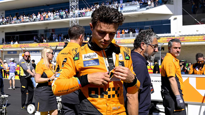 Oct 20, 2024; Austin, Texas, USA; McLaren Formula 1 Team driver Lando Norris (4) of Team Great Britain before the start of the 2024 Formula One US Grand Prix at Circuit of the Americas. Mandatory Credit: Jerome Miron-Imagn Images