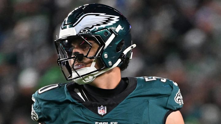 Nov 16, 2025; Philadelphia, Pennsylvania, USA; Philadelphia Eagles linebacker Jaelan Phillips (50) against the Detroit Lions at Lincoln Financial Field. Mandatory Credit: Eric Hartline-Imagn Images
