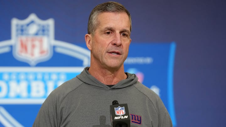 Feb 24, 2026; Indianapolis, IN, USA; New York Giants coach John Harbaugh speaks at the NFL Scouting Combine at the Indiana Convention Center. Mandatory Credit: Kirby Lee-Imagn Images Feb 24, 2026; Indianapolis, IN, USA; New York Giants coach John Harbaugh speaks at the NFL Scouting Combine at the Indiana Convention Center. Mandatory Credit: Kirby Lee-Imagn Images