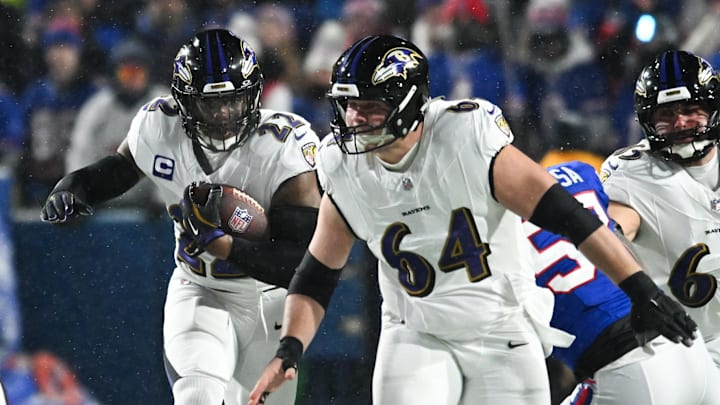Baltimore Ravens running back Derrick Henry runs the ball during the first quarter against the Buffalo Bills. Mandatory Credit: Mark Konezny-Imagn Images