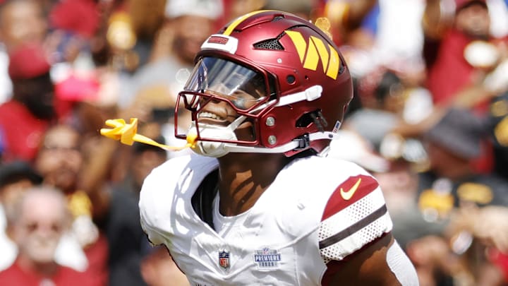 Sep 7, 2025; Landover, Maryland, USA; Washington Commanders running back Jacory Croskey-Merritt (22) Mandatory Credit: Amber Searls-Imagn Images
