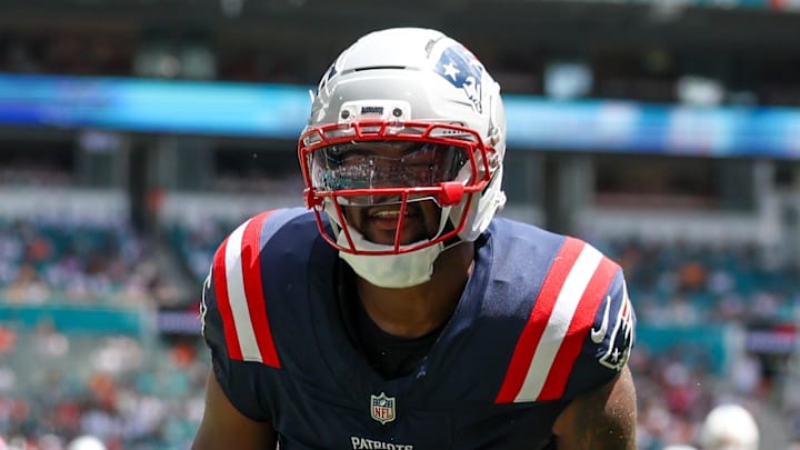 New England Patriots wide receiver Kayshon Boutte races after scoring a touchdown against the Miami Dolphins.