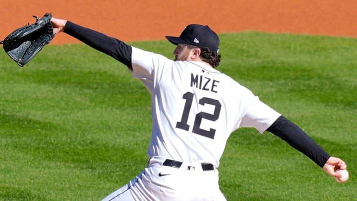 Detroit Tigers starter Casey Mize throws the first pitch in Game 4 between the Seattle Mariners and the Detroit Tigers in the ALDS at Comerica Park in Detroit on Wednesday, Oct. 8, 2025.