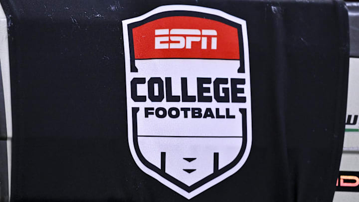 Dec 27, 2025; Houston, TX, USA; A detail view of ESPN College Football logo on a TV camera prior to the game between the Houston Cougars and the Louisiana State Tigers at NRG Stadium. Mandatory Credit: Maria Lysaker-Imagn Images