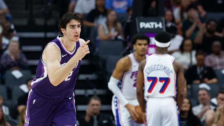 Mar 19, 2026; Sacramento, California, USA; Sacramento Kings center Maxime Raynaud (42) reacts after scoring against the Philadelphia 76ers during the first quarter at Golden 1 Center. Mandatory Credit: Sergio Estrada-Imagn Images