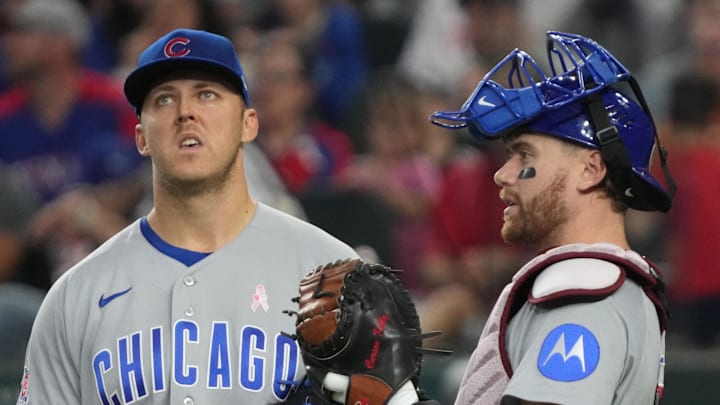 May 10, 2026; Arlington, Texas, USA;  Chicago Cubs pitcher Jameson Taillon (50) and catcher Carson Kelly (15) wait for a replay review during the fourth inning against the Texas Rangers at Globe Life Field. Mandatory Credit: Raymond Carlin III-Imagn Images