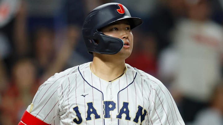 Japan third baseman Munetaka Murakami (55) looks on after hitting a home run against team USA during the 2023 World Baseball Classic at LoanDepot Park. 