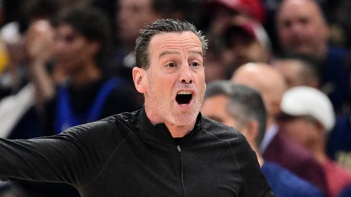 May 15, 2026; Cleveland, Ohio, USA; Cleveland Cavaliers head coach Kenny Atkinson argues a call with referee Zach Zarba (not pictured) during the first half against the Detroit Pistons  in game six of the second round of the 2026 NBA Playoffs at Rocket Arena. Mandatory Credit: Ken Blaze-Imagn Images