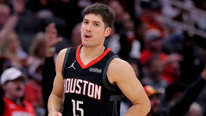 Mar 13, 2026; Houston, Texas, USA; Houston Rockets guard Reed Sheppard (15) reacts after a made basket against the New Orleans Pelicans during the fourth quarter at Toyota Center. Mandatory Credit: Erik Williams-Imagn Images
