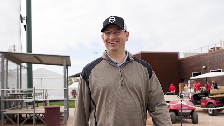Cincinnati Reds president of baseball operations Nick Krall walks between fields at the Cincinnati Reds Player Development Complex in Goodyear, Ariz., on  Wednesday, Feb. 12, 2025. Mandatory Credit: Sam Greene/USA TODAY NETWORK via Imagn Images