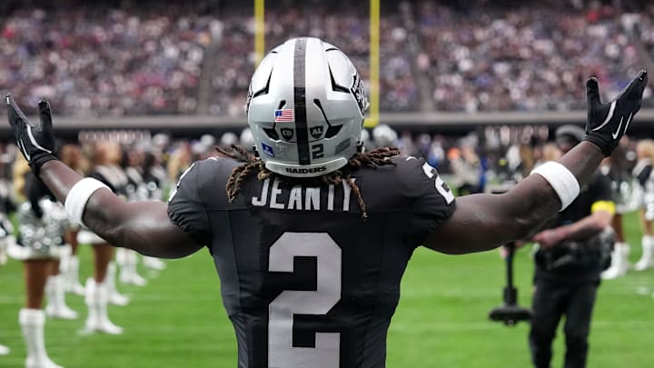 Dec 28, 2025; Paradise, Nevada, USA; Las Vegas Raiders running back Ashton Jeanty (2) enters the field before the game against the New York Giants at Allegiant Stadium. Mandatory Credit: Kirby Lee-Imagn Images Dec 28, 2025; Paradise, Nevada, USA; Las Vegas Raiders running back Ashton Jeanty (2) enters the field before the game against the New York Giants at Allegiant Stadium. Mandatory Credit: Kirby Lee-Imagn Images