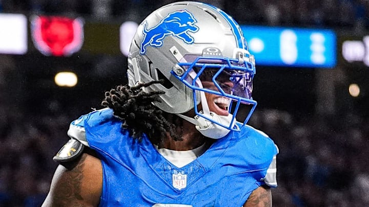 Detroit Lions running back Jahmyr Gibbs (0).