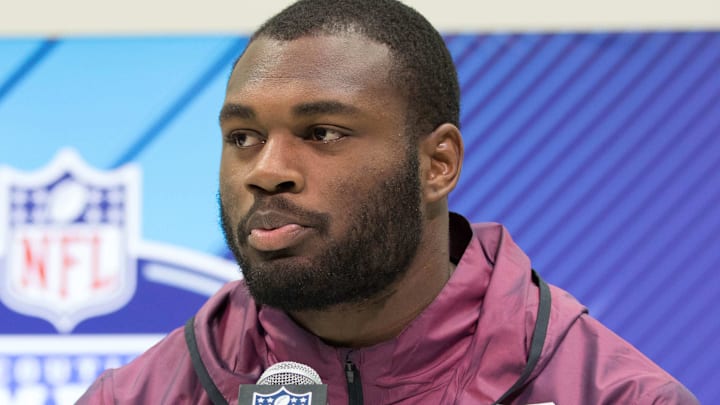 Mar 1, 2018; Indianapolis, IN, USA; Oregon running back Royce Freeman speaks to the media during the 2018 NFL Combine at the Indianapolis Convention Center. Mandatory Credit: Trevor Ruszkowski-Imagn Images
