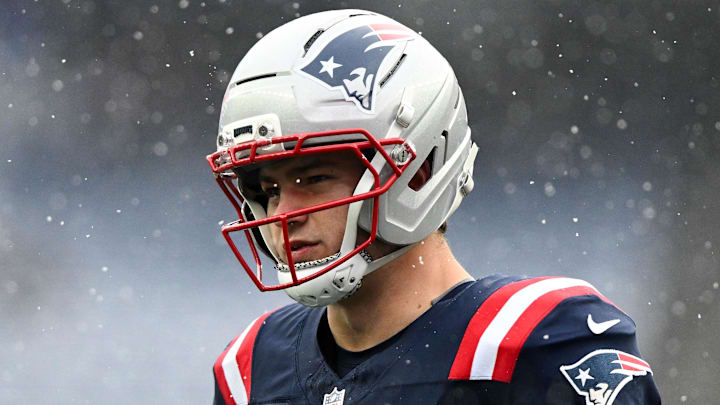 Dec 14, 2025; Foxborough, Massachusetts, USA; New England Patriots quarterback Drake Maye (10) warms up before game against the Buffalo Bills at Gillette Stadium. Mandatory Credit: Brian Fluharty-Imagn Images