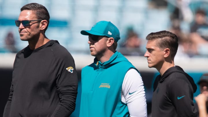 Oct 12, 2025; Jacksonville, Florida, USA; Jacksonville Jaguars head coach Liam Coen looks on during warm ups before the game against the Seattle Seahawks at EverBank Stadium. Mandatory Credit: Travis Register-Imagn Images