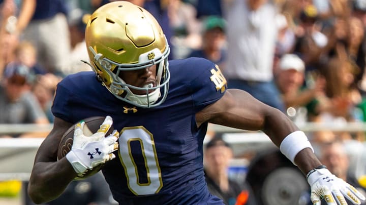 Notre Dame Fighting Irish wide receiver Malachi Fields (0) runs after making a catch.