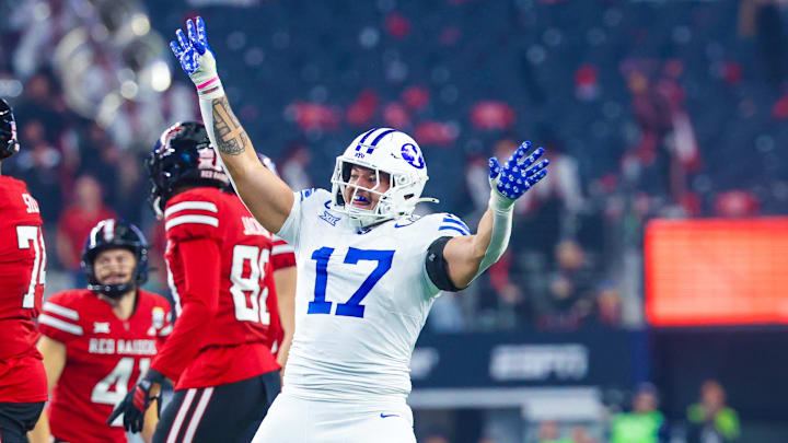 Dec 6, 2025; Arlington, TX, USA;  BYU Cougars linebacker Jack Kelly (17) reacts after a missed field goal against the Texas Tech Red Raiders during the first halfat AT&T Stadium. Mandatory Credit: Kevin Jairaj-Imagn Images