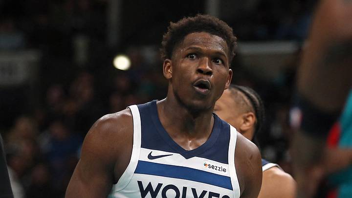 Jan 31, 2026; Memphis, Tennessee, USA; Minnesota Timberwolves guard Anthony Edwards (5) reacts during the third quarter against the Memphis Grizzlies at FedExForum. Mandatory Credit: Petre Thomas-Imagn Images