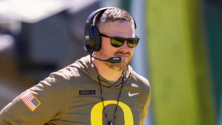 Oregon head coach Dan Lanning looks on during the Oregon Ducks annual spring game on April 25, 2026 at Autzen Stadium in Eugene, Oregon.
