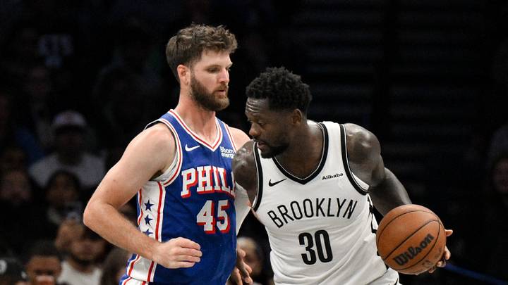 Oct 8, 2026; Brooklyn, New York, USA; Brooklyn Nets forward Julius Randle (30) posts up against Philadelphia 76ers forward Dean Wade (45) during the first half at Barclays Center. Oct 8, 2026; Brooklyn, New York, USA; Brooklyn Nets forward Julius Randle (30) posts up against Philadelphia 76ers forward Dean Wade (45) during the first half at Barclays Center.