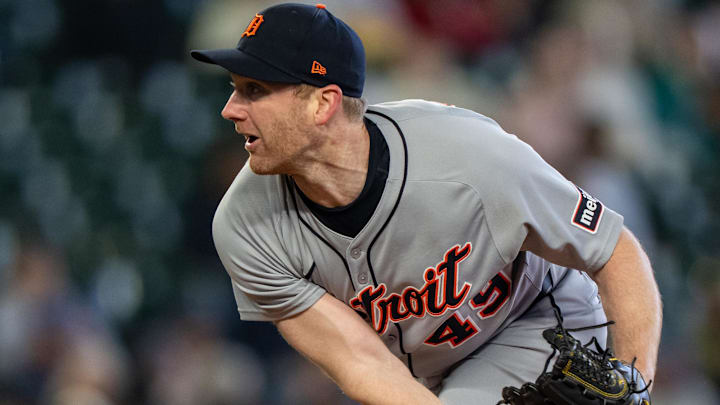 Detroit Tigers reliever John Brebbia (49) delivers a pitch against the Seattle Mariners at T-Mobile Park.