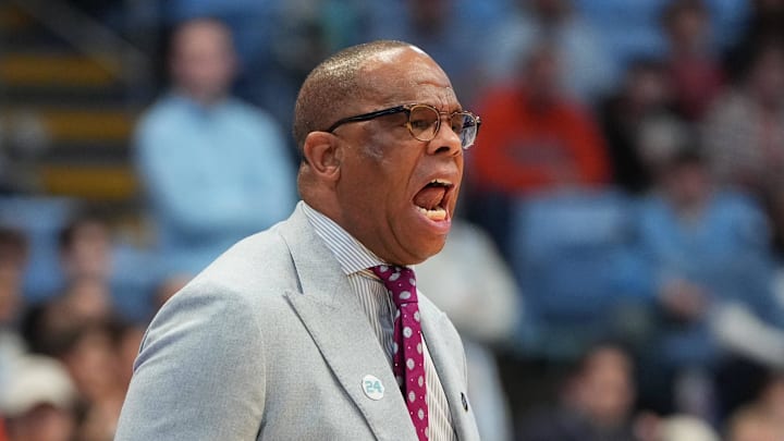 Feb 2, 2026; Chapel Hill, North Carolina, USA; North Carolina Tar Heels head coach Hubert Davis reacts in the first half at Dean E. Smith Center. Mandatory Credit: Bob Donnan-Imagn Images