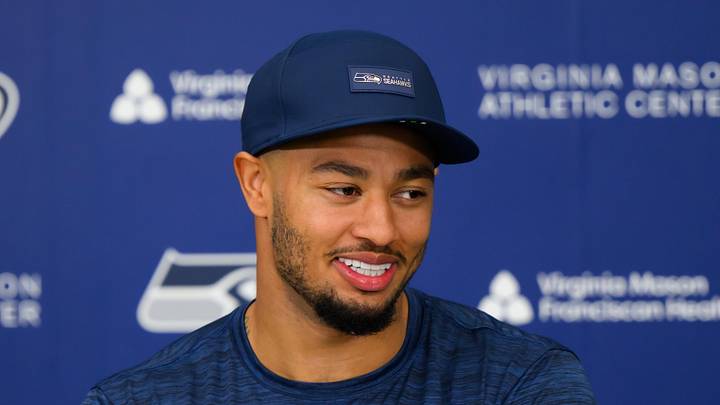 Seattle Seahawks wide receiver Jaxon Smith-Njigba speaks to the media after minicamp
