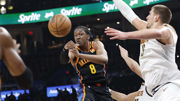 May 7, 2025; Oklahoma City, Oklahoma, USA; Oklahoma City Thunder forward Jalen Williams (8) passes to guard Shai Gilgeous-Alexander (2) as Denver Nuggets center Nikola Jokic (15) defends in the second half during game two of the second round for the 2025 NBA Playoffs at Paycom Center. Mandatory Credit: Alonzo Adams-Imagn Images May 7, 2025; Oklahoma City, Oklahoma, USA; Oklahoma City Thunder forward Jalen Williams (8) passes to guard Shai Gilgeous-Alexander (2) as Denver Nuggets center Nikola Jokic (15) defends in the second half during game two of the second round for the 2025 NBA Playoffs at Paycom Center. Mandatory Credit: Alonzo Adams-Imagn Images