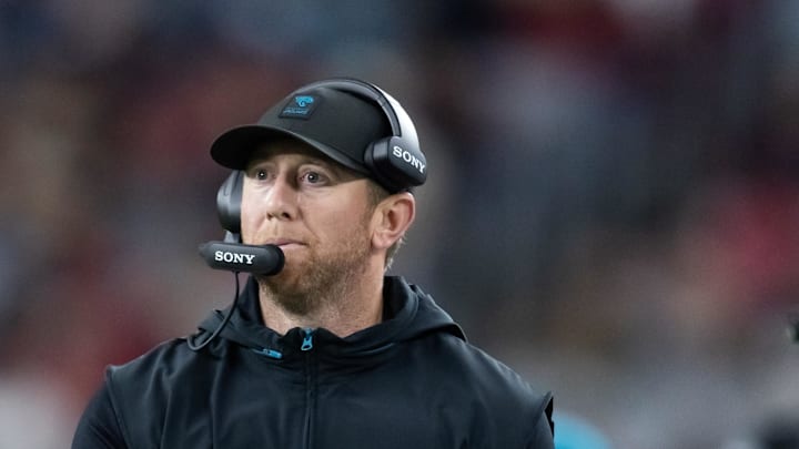 Nov 23, 2025; Glendale, Arizona, USA; Jacksonville Jaguars head coach Liam Coen against the Arizona Cardinals at State Farm Stadium. Mandatory Credit: Mark J. Rebilas-Imagn Images